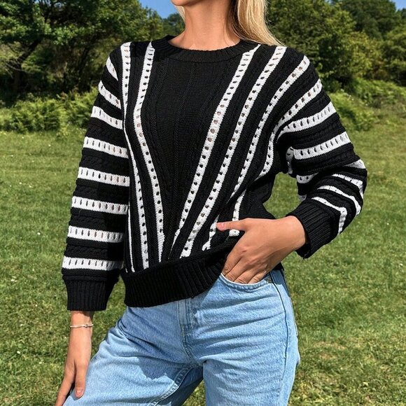 Black And White Casual Women's Striped Round Neck Hollow Out Sweater - Picture 1 of 5